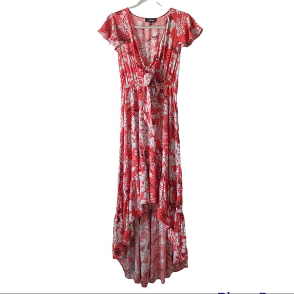 Aakaa Red Floral High Low Front Tie Maxi Dress